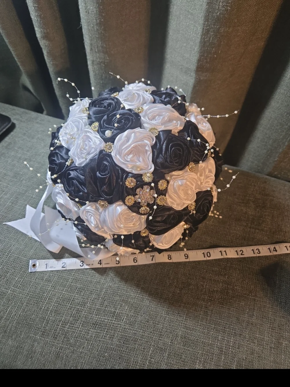 Elegant Navy and White Satin Rose Bridal Bouquet with Pearl Accents